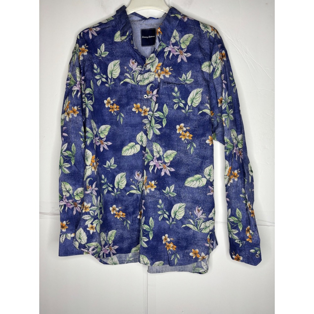 Tommy Bahama Mens XL Tropical Floral‎ Button Down Shirt Blue Long Sleeve 100 Cot